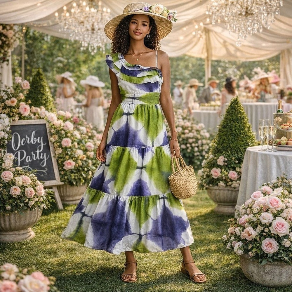 Busayo Collective Tie Dye Maxi Dress Ruffle One Shoulder Tiered 8 Resort Derby